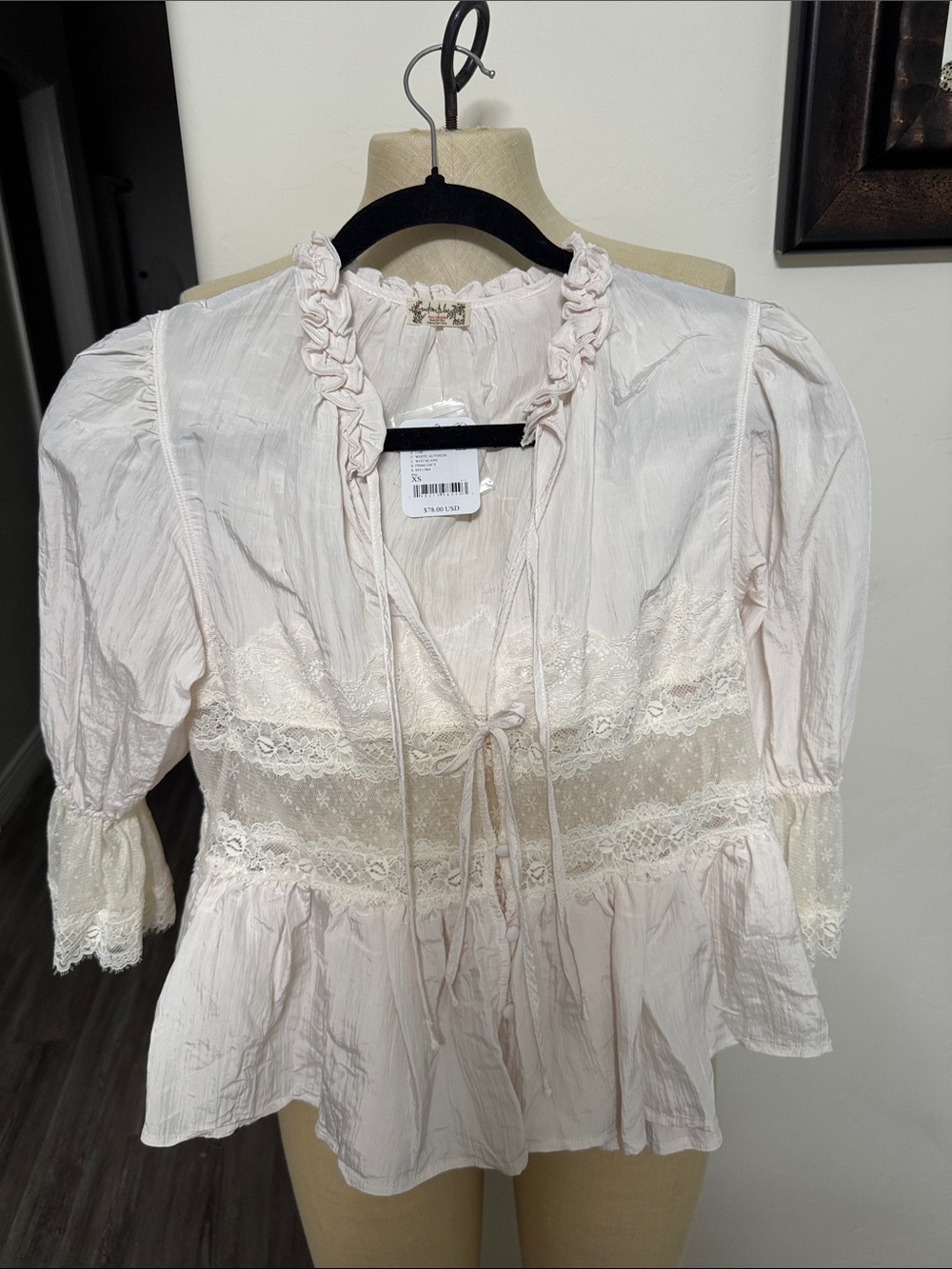 Free People Light Cream Lace Trim Peasant Blouse- NWT,Size Small